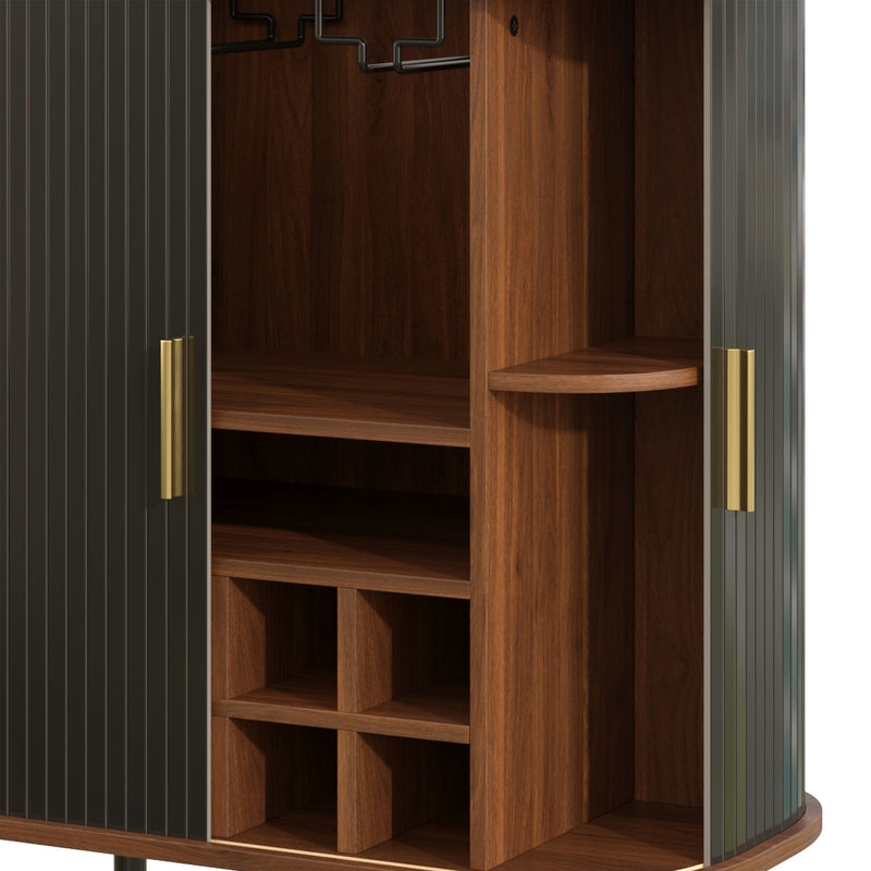 Fluted Wine Bar Cabinet With 8 Grid Wine Rack, 5 Level Adjustable Shelves, 2 Glass Holders