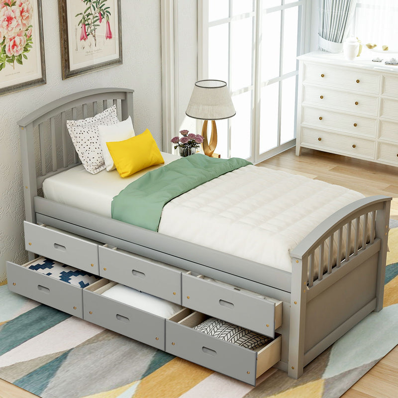 Twin Size Platform Storage Bed Solid Wood Bed With 6 Drawers - Gray
