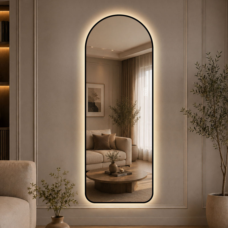 65" X 24" Arched LED Full Length Mirror With Frame, 3 Color Temperatures & Stepless Dimming - Black