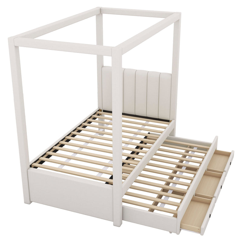 Upholstery Canopy Platform Bed With Trundle And Three Storage Drawers