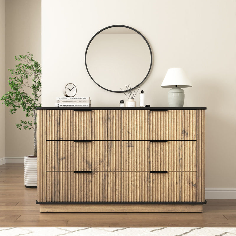 Modern 6 Drawer Cabinet With Metal Rounded Corners And Exquisite Handles Multi Functional Storage - Natural Wood