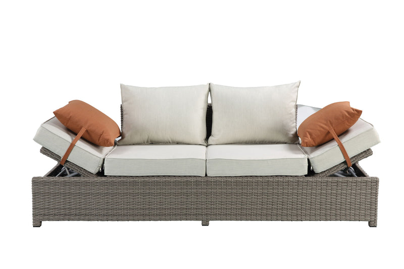 Salena - All Weather Wicker Patio Sofa & Ottoman With 2 Toss Pillows - Gray / Beige