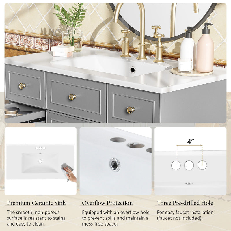 Bathroom Vanity With Ceramic Sink, Soft Close Doors, Adjustable Shelves