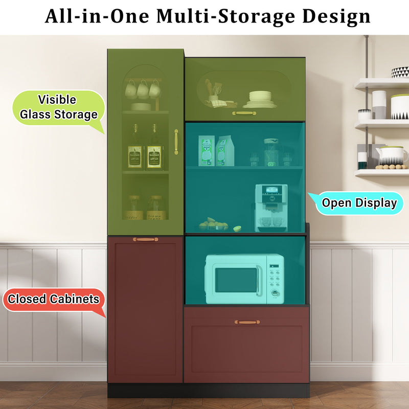 Tall Freestanding Kitchen Pantry Cabinet With Arched Glass Door
