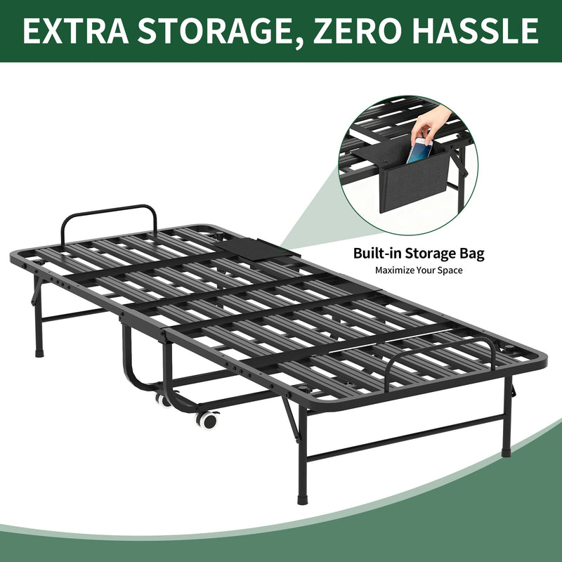 Twin Folding Bed With Memory Foam Mattress, On Wheels, Portable Bed For Adults & Guests - Black