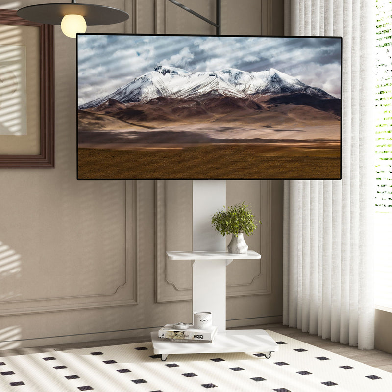 Mobile TV Stand With Shelf Floor Mount Cart For TVs With Lockable Wheels Ideal For Living Room Bedroom Or Office - White