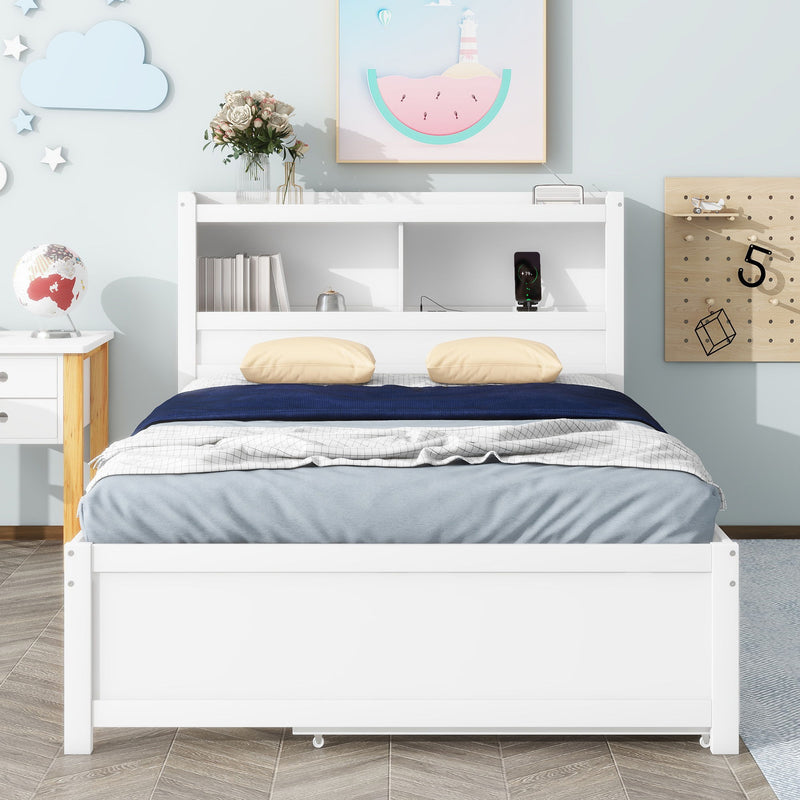 Platform Bed With Trundle, Drawers, USB Ports And Built In Shelves
