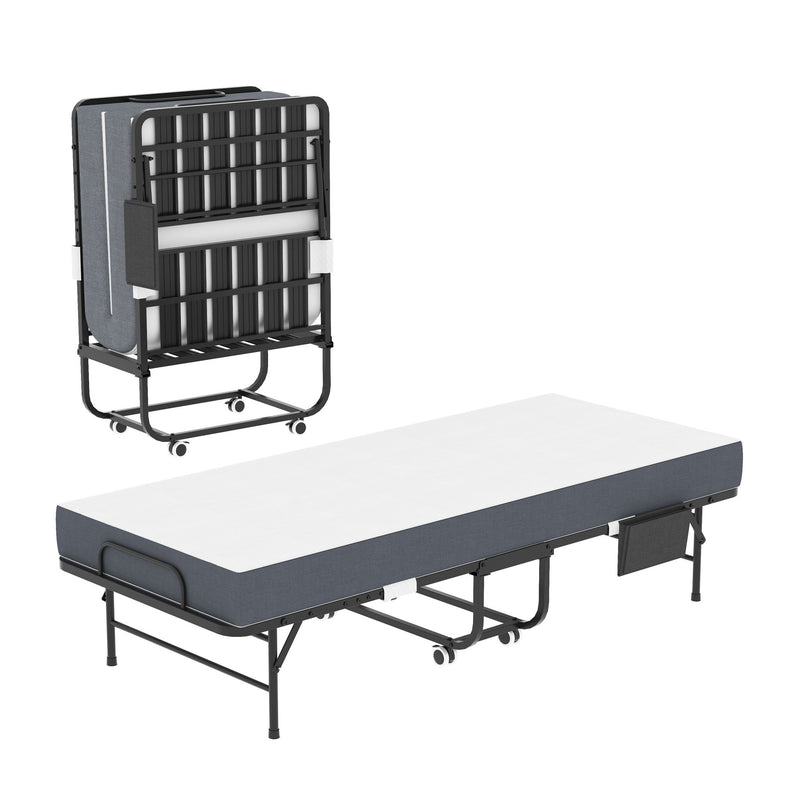 Twin Folding Bed With Memory Foam Mattress, Space Saving Rollaway Guest, On Wheels, Portable For Adults & Guests - Black