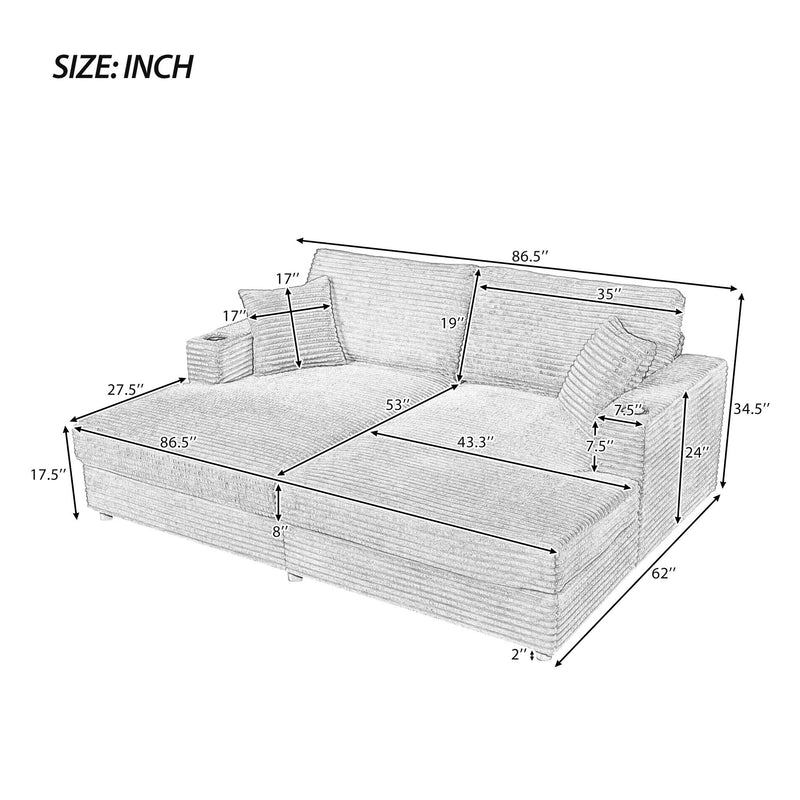 Oversized Loveseat Chaise With 2 USB Ports, 2 Cup Holders And 2 Throw Pillows
