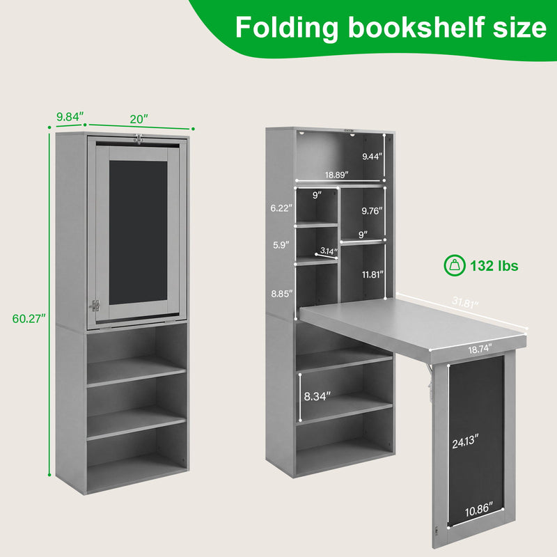 Folding Desk With Storage, Foldable Convertible Writing Table With Blackboard And Shelves For Home Office