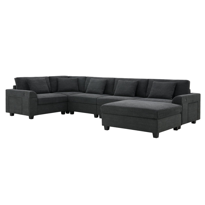 U Shaped Sectional Sofa 6 Seat Couch Set With Oversized Ottoman, Hidden Armrest Storage And Cup Holders USB Charging Ports Wide Seat Sofa