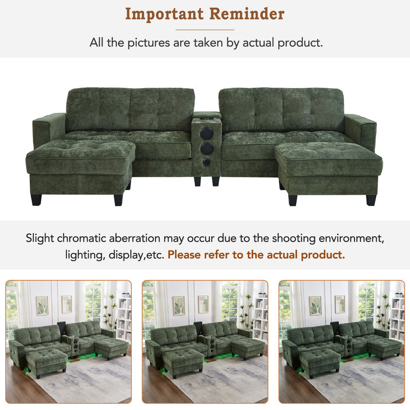 Modern Sectional Sofa U-Shaped With Movable Ottomans, tooth Speakers, LED Lights And Modular Storage