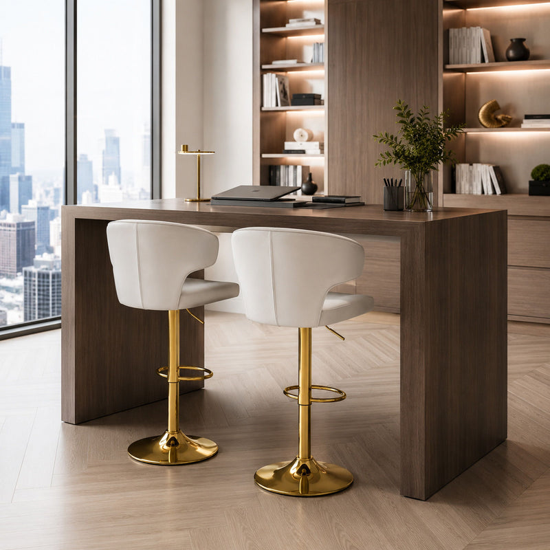 Adjustable Swivel Bar Chair With High Back Support For Kitchen Counter (Set of 2) - Gold / White