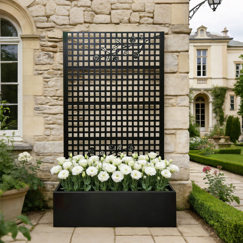 Planter Box With Trellis, Outdoor Raised Garden Bed With Privacy Screen Lattice Panels For Patio - Black