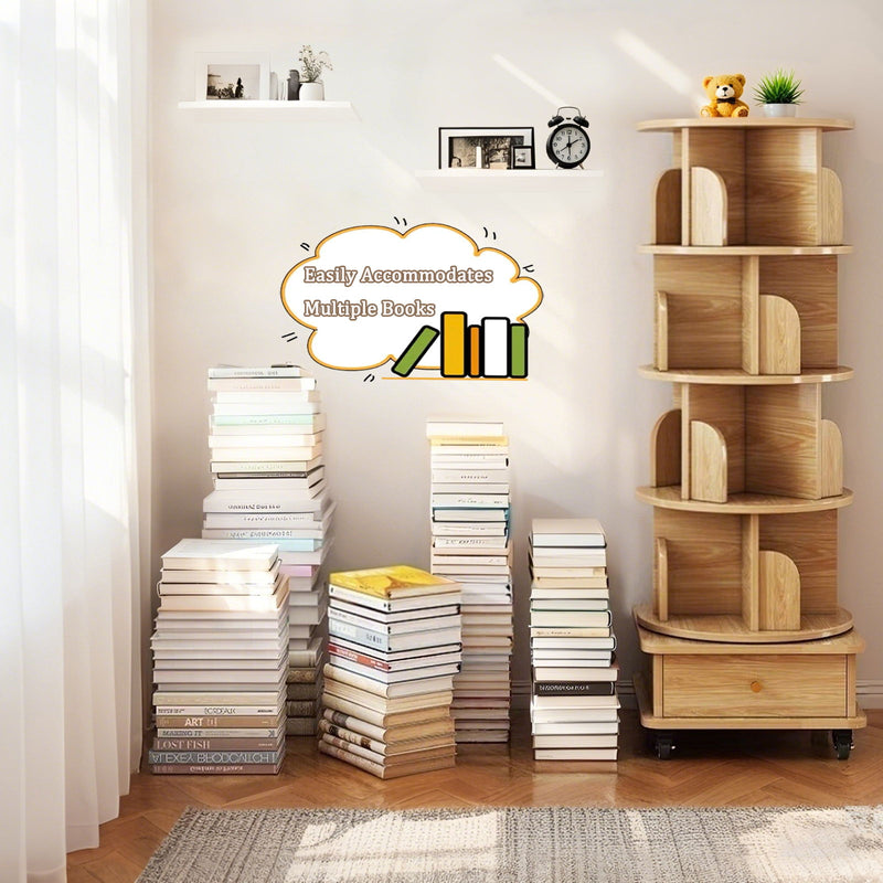 Rotating Bookshelf With Wheels And Drawer, 360° Spinning Design, Space Saving Storage