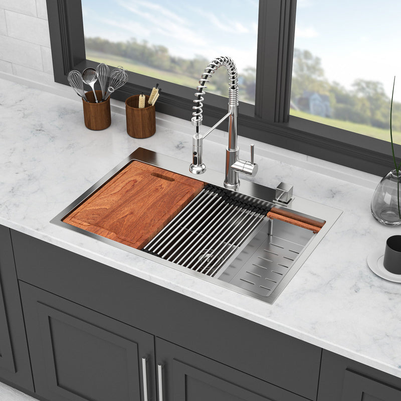 33" Drop In Kitchen Sink With Ledge Workstation, Single Bowl, 16 Gauge Stainless Steel - Brushed Nickel