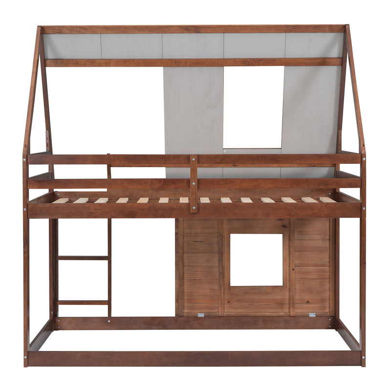 Twin Size House Bunk Bed With Roof, Ladder And 2 Windows - Brown