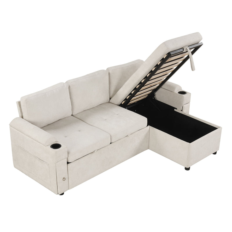Convertible L Shaped Sofa Couch With Storage, Cup Holders, USB Ports