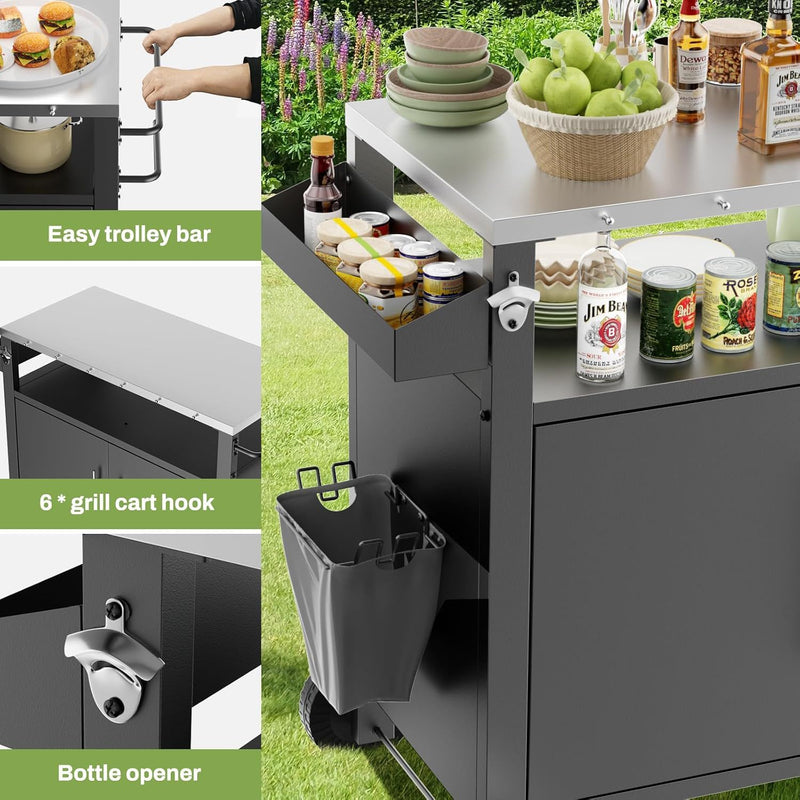 Outdoor Grill Cart With Storage, Rolling Bar Cart With Hooks And Spice Rack Stainless Steel