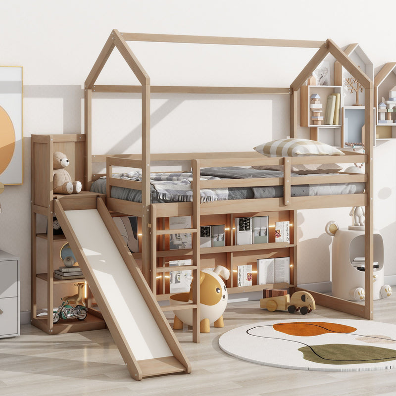 House Loft Bed With Slide, Storage Shelves And Light, Climbing Ramp