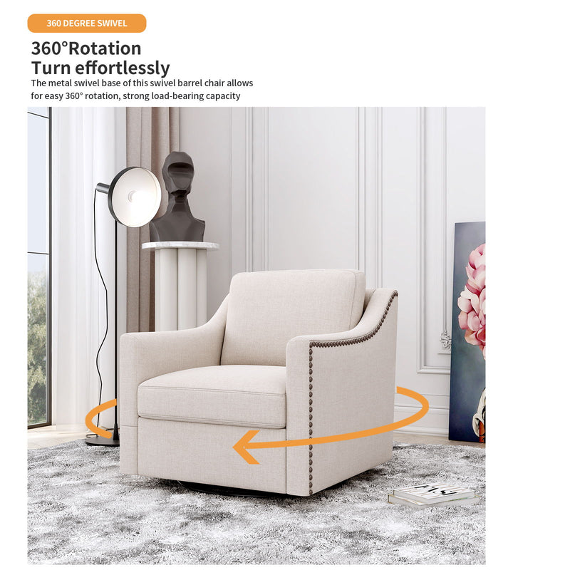360 Degree Swivel Armchair, Skin Friendly Fabric, Ergonomic Design, Brass Nail Decorative Armchair