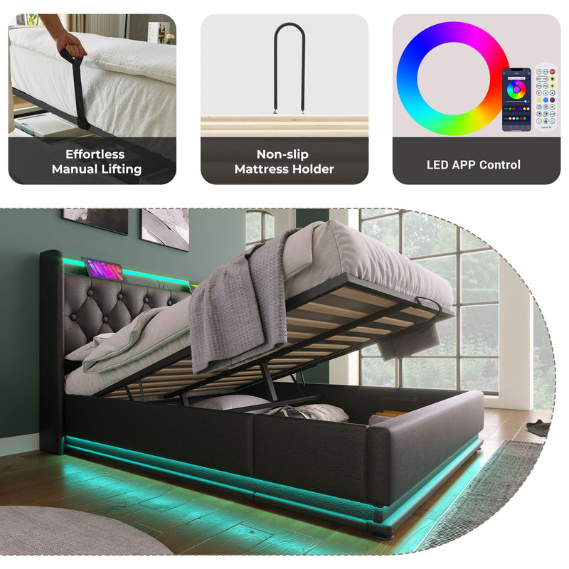 Upholstered Bed, 360 Surround LED Function, Remote Control, Hydraulic Storage Bed With USB, Type-C Charging (Without Mattress)