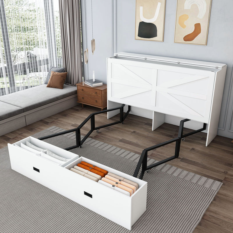 Full Murphy Bed With Storage Drawers, Charging Station, Foldable Panels, And Silent Swivel Wheels