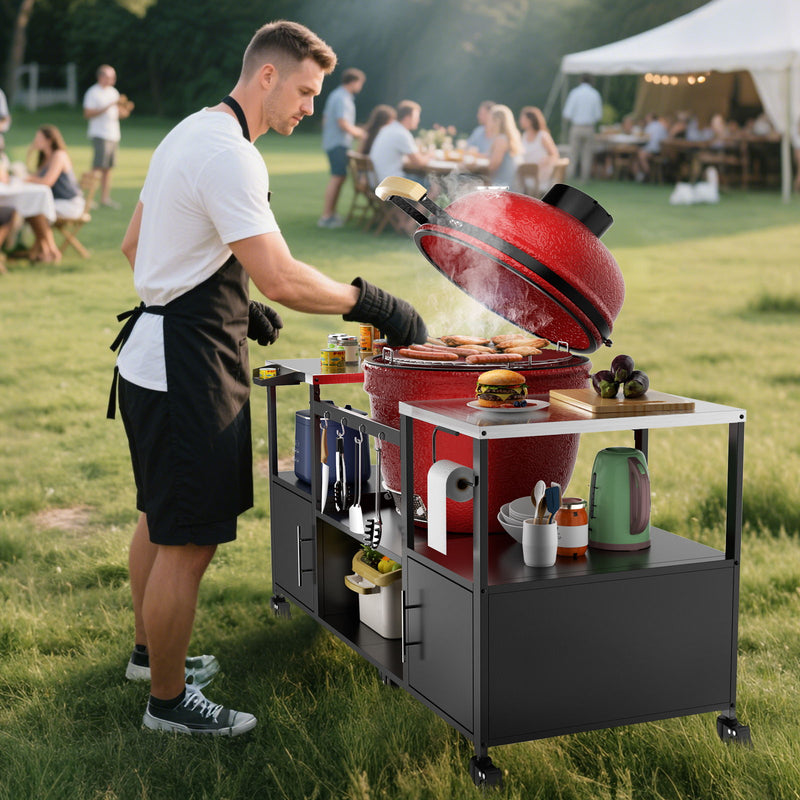 Outdoor Grill Table For Big Egg Style Bbq With Metal Grill Cart And Storage Box And Metal And Stainless Steel - Black / Silver