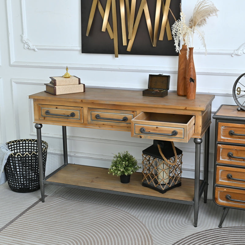 Accent Storage Console Table With Open Shelf And 3 Drawers For Living Room - Natural Wood / Brown
