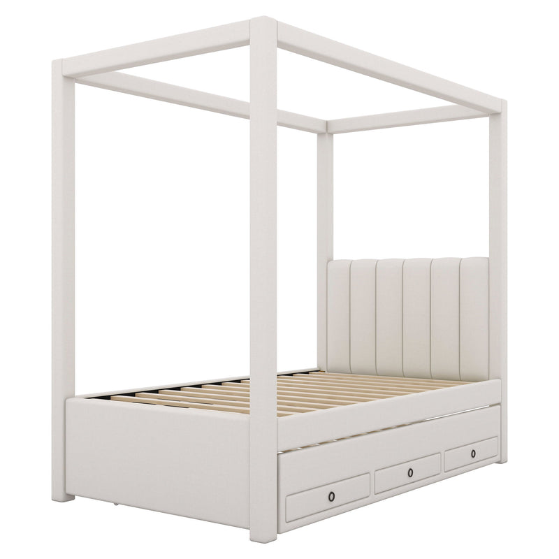 Upholstery Canopy Platform Bed With Trundle And Three Storage Drawers