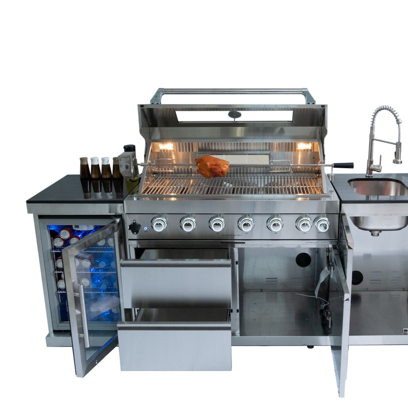 6 Burner 85, 000 Btu Deluxe Gas Outdoor Kitchen Island Grill With Wine Cooler Refrigerator, Rotisserie, Storage Cabinets & Drawers - Silver