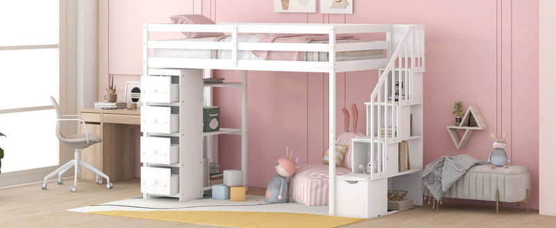 Loft Bed With Storage Drawers And Stairs With Shelves