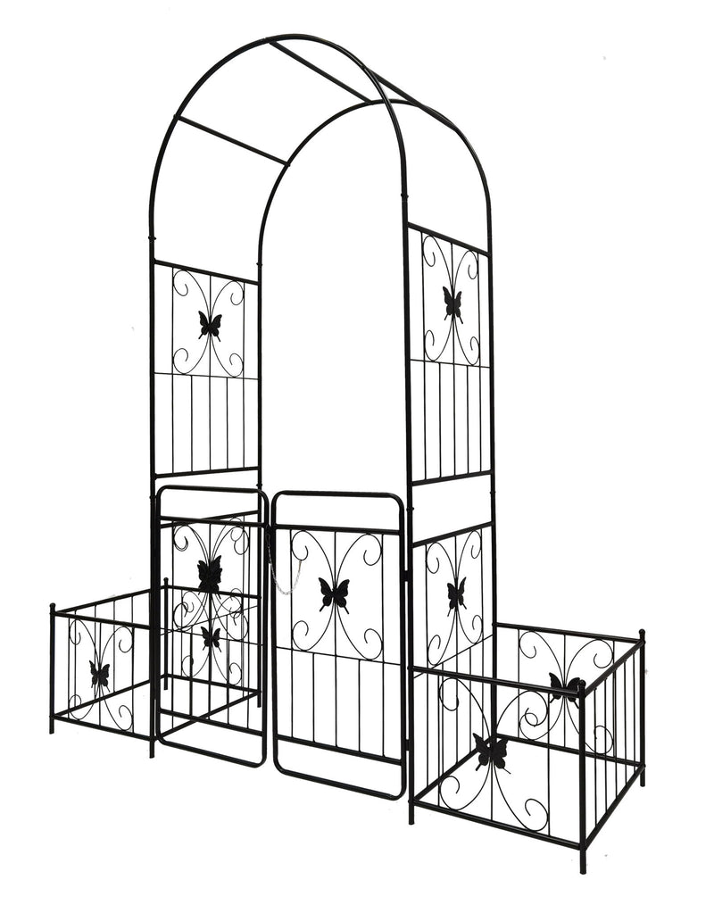 Metal Garden Arch With Gate High Climbing Plants Support Rose Arch Outdoor - Black