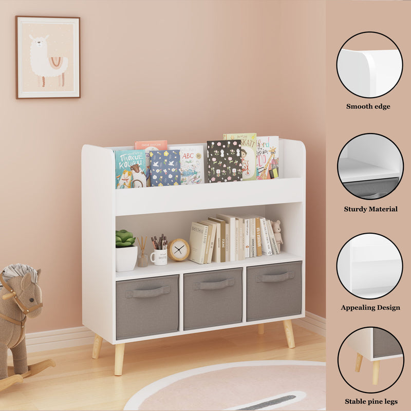 Bookshelf With 3 Bins, Storage Shelf For Toys And Books