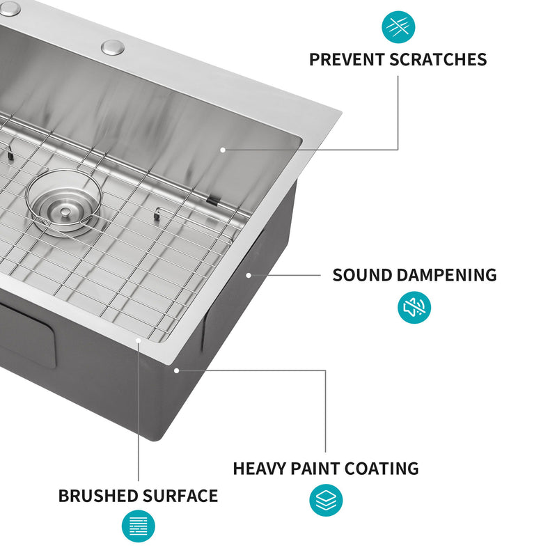 Drop In Kitchen Sink, 16 Gauge Stainless Steel, Single Bowl, Topmount Basin