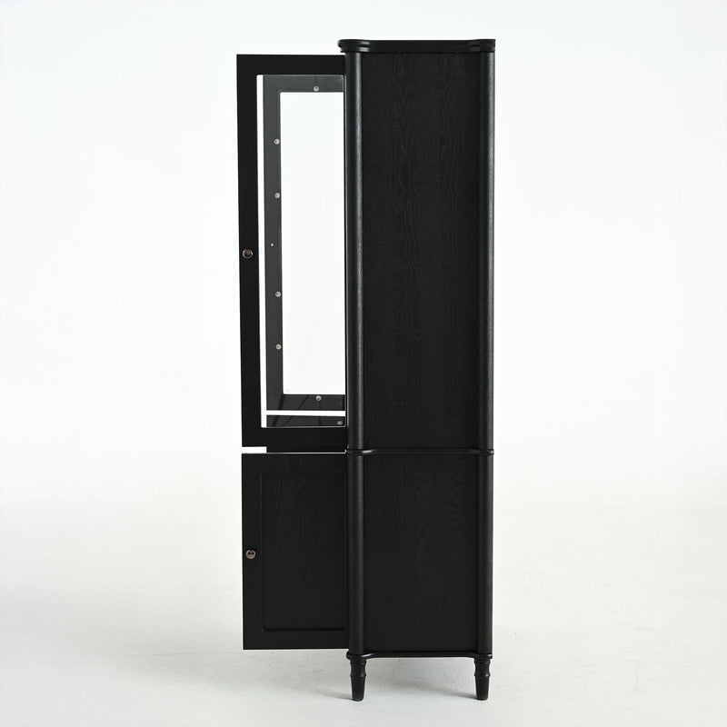 Vintage Display Cabinet With Double Glass Doors, Traditional Style For Collectibles, Ash Wood Veneer, 73.25" Tall - Black / Natural