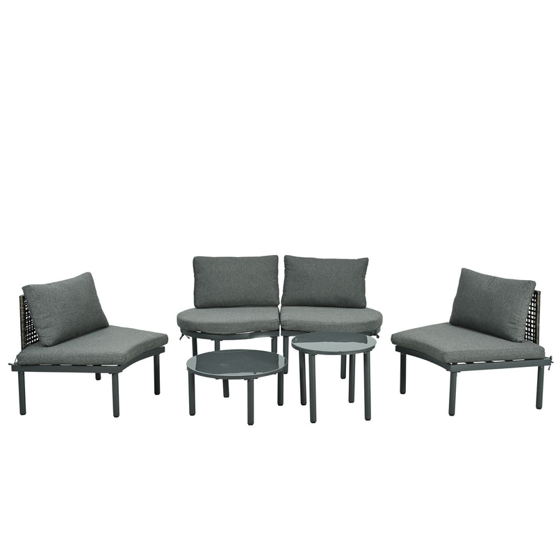 6 Piece Patio Set, Half Moon Outdoor Sectional Sofa With 2 High Low Coffee Tables, 4 Pillows & Cushions