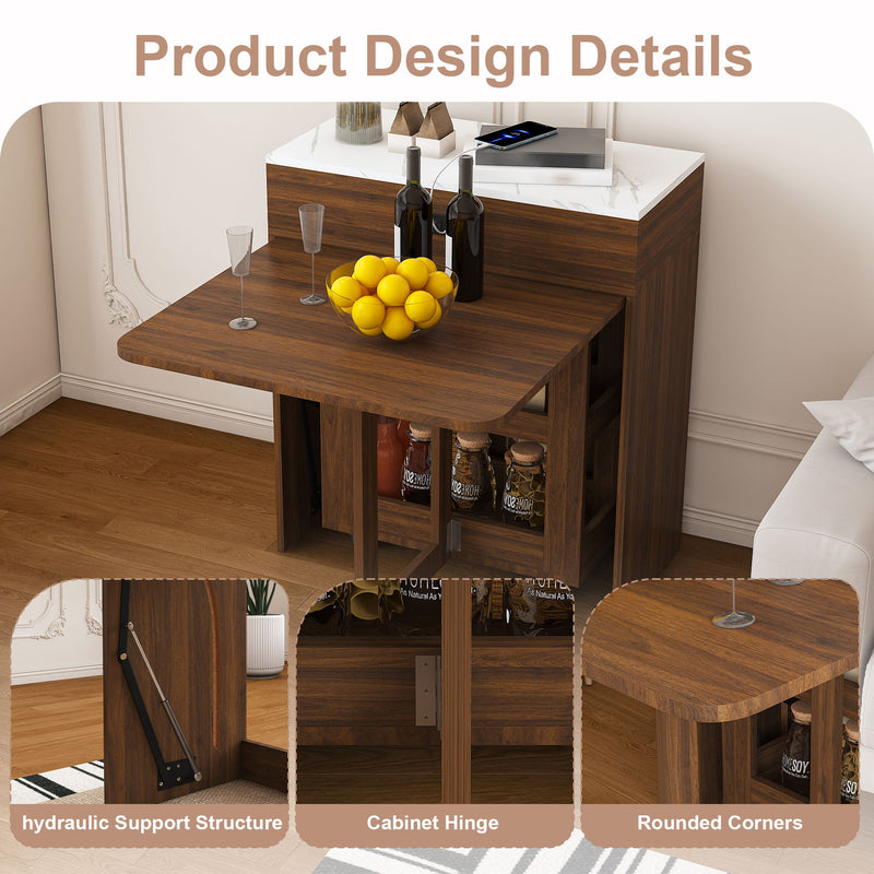 Extendable Dining Table With Power Socket, Lockable Casters, Storage Cabinet