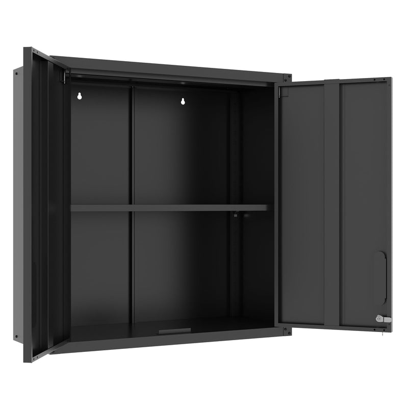 Metal Wall Mounted Tool Storage Cabinet With 2 Locking Doors, Adjustable Shelf, And Drawer