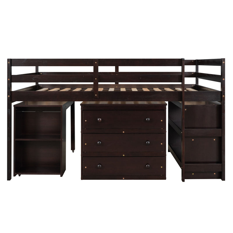Loft Low Study Bed With Cabinet, Shelves And Rolling Portable Desk, Multiple Functions