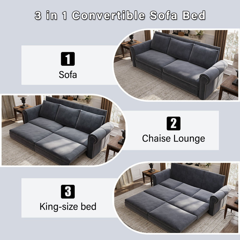3 In 1 Convertible Sleeper Sofa With Nailhead Trim & Rolled Arm