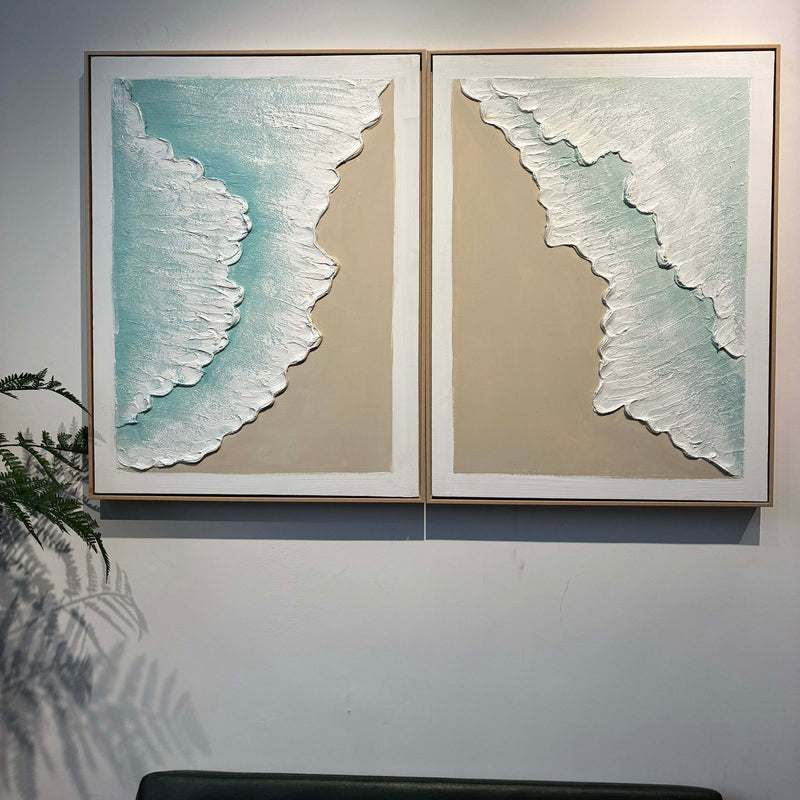 Framed Ocean Wave Wall Art, Textured Canvas Painting, Beach Decor For Living Room (Set of 2) - Aqua Blue