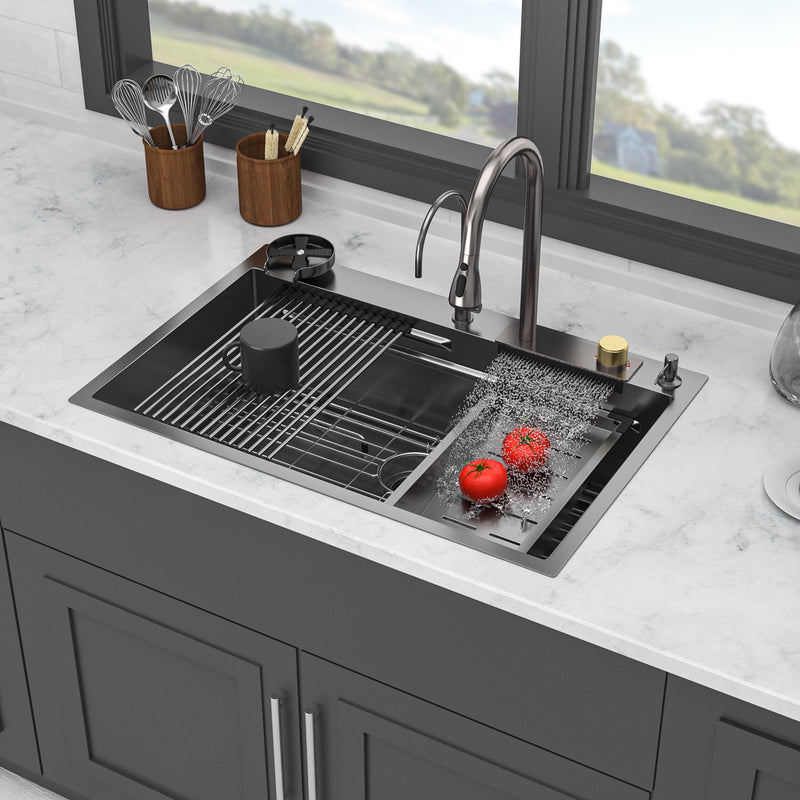 Waterfall Kitchen Sink With Pull Out Faucet & Cup Washer
