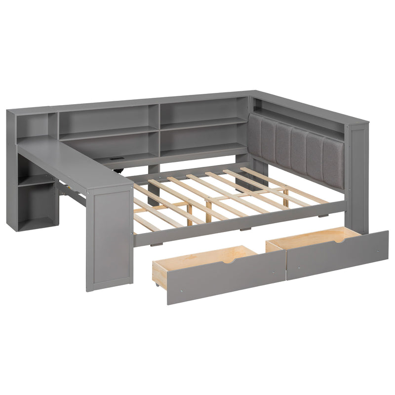 Platform Bed With Upholstered Headboard, Storage Shelves, Drawers, Charging Station, LED Lighting, Built In Desk