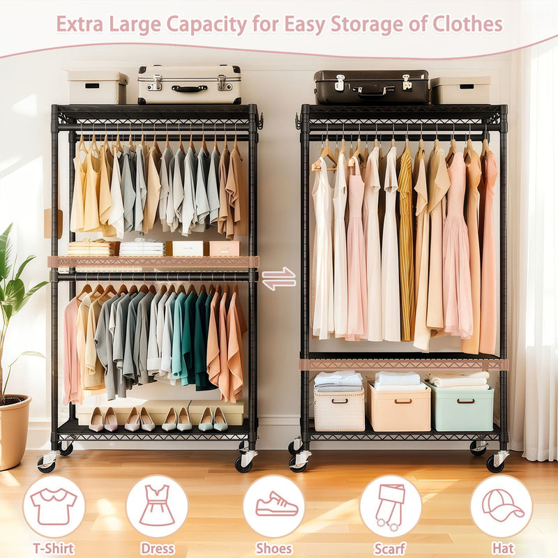 Heavy Duty Rolling Clothes Rack With 3 Tier Shelves, 2 Rails & Side Hooks, Adjustable Freestanding Organizer Metal - Black