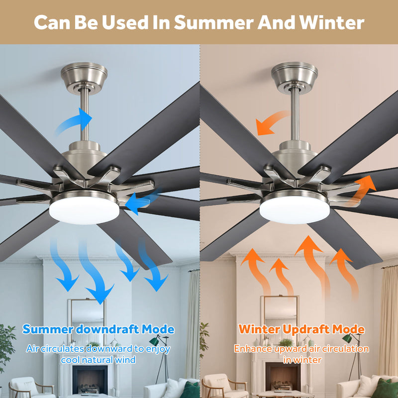 66" Low Profile Ceiling Fan With Dimmable LED Lights, 6 Speed Reversible DC Motor For Indoor - Brushed Nickel