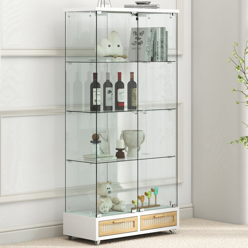 Glass Display Cabinet With LED Lights, Tempered Glass Doors, Large Drawers, 2 Door Storage Case With 4 Shelves - Natural / White