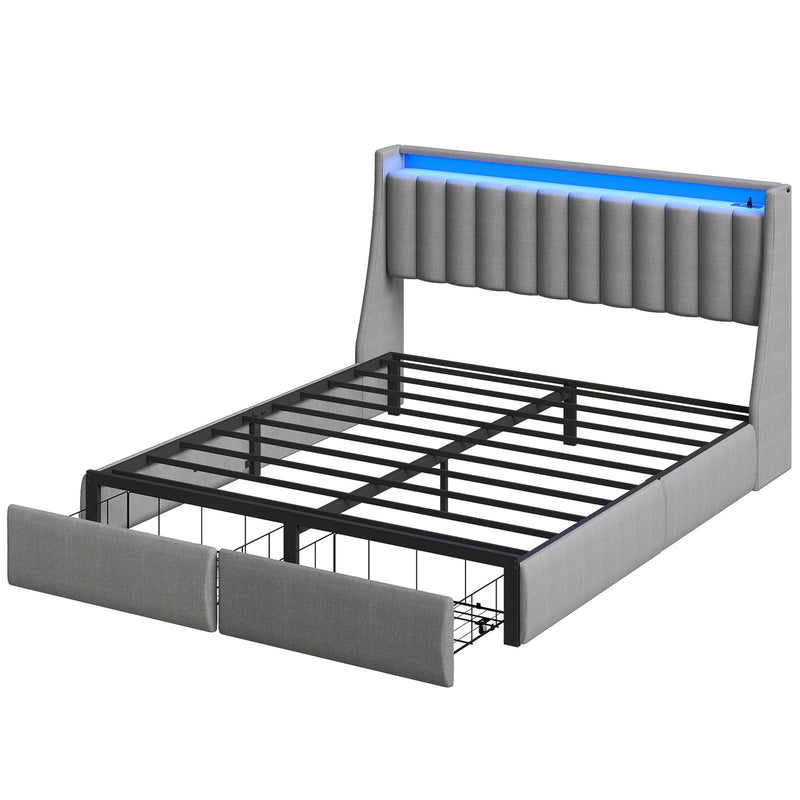 Upholstered Platform Bed Frame With RGB LED Lights, Charging Station & 2 Underbed Drawers