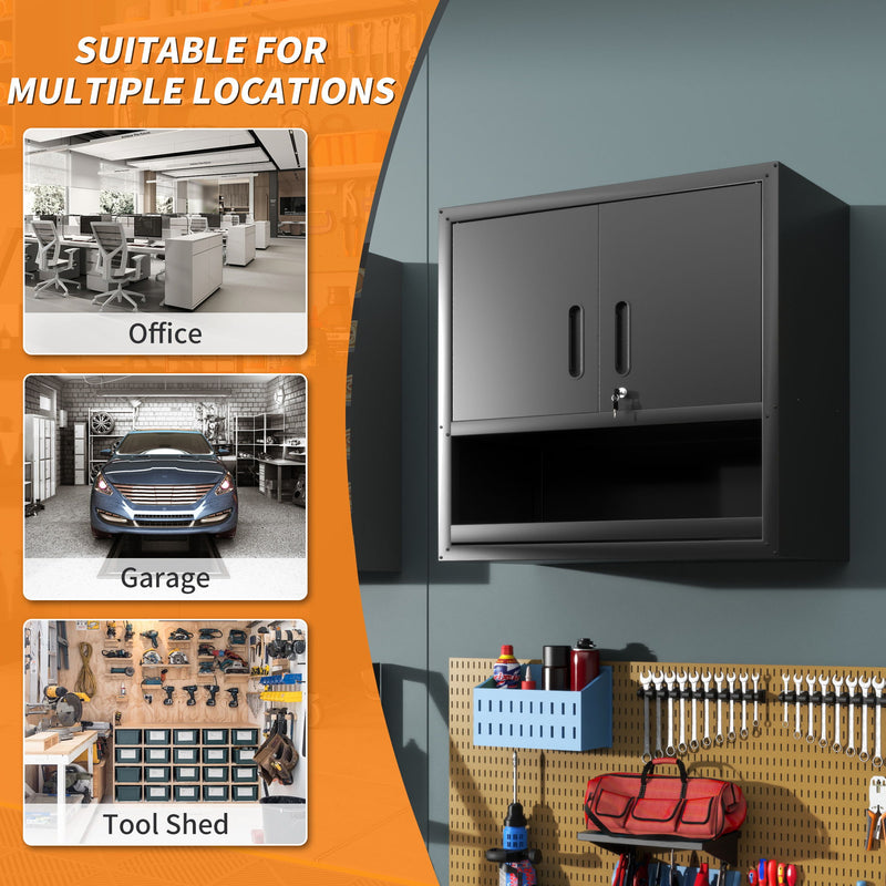 Wall-Mounted Storage Cabinet With Locking Door, 1 Shelf And Open Drawer - Black