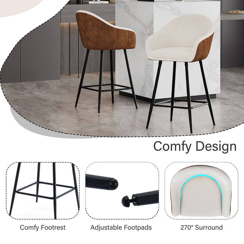 Modern Style Counter Height Bar Stools, With Comfortable Upholstery, Durable Metal Legs Ensure Stability - Brown